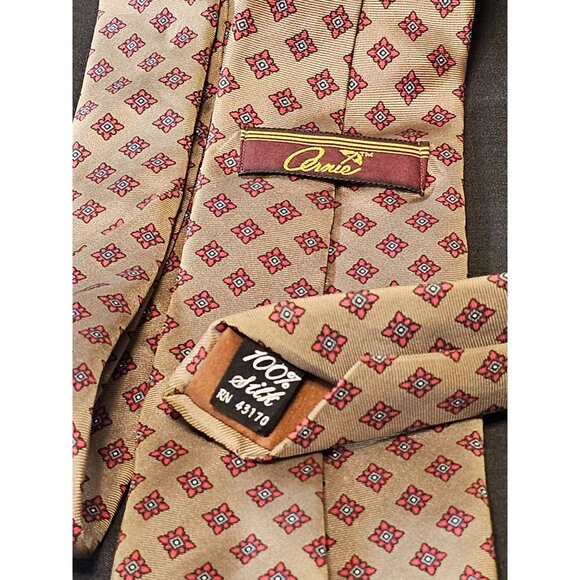 Vintage Arnie Men's Silk Tie With Geometric Pattern In Tan & Red - Picture 5 of 9